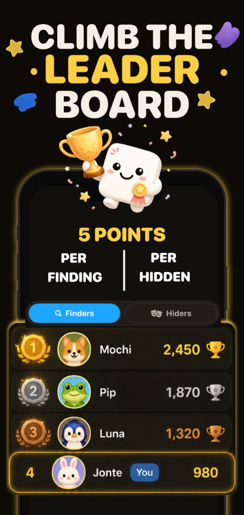 Blendy leaderboard — compete as a finder and a hider